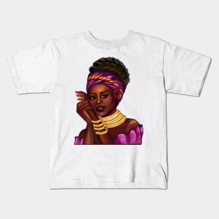 Afro Queen Black is beautiful anime manga black girl with Gold bangles, neck ring necklace, purple dress and head wrap, brown eyes and dark brown skin ! Kids T-Shirt